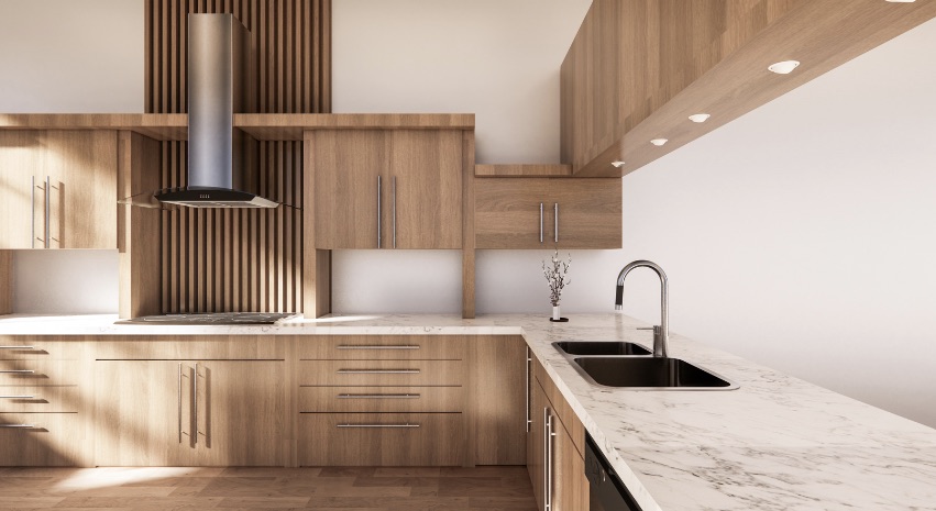 L-Shaped kitchen design with Scandinavian style wood cabinets